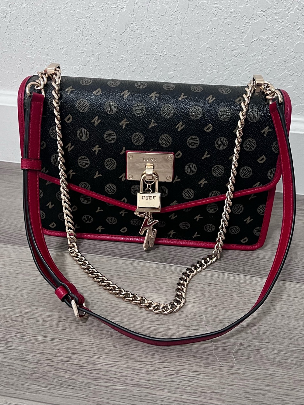 DKNY Black Monogram Crossbody with Red Trim & Gold Hardware
